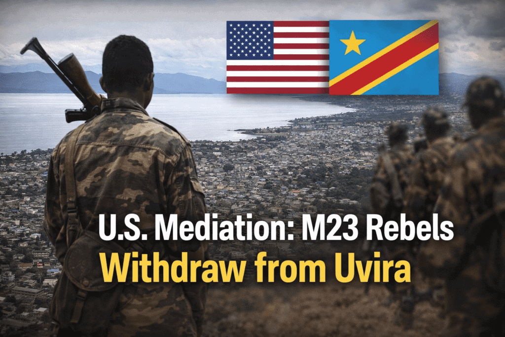 U.S. soldiers monitor the situation in Uvira, Democratic Republic of Congo, amid ongoing regional tensions. U.S. soldiers overlooking Uvira, with the flags of the USA and RDC in the background.