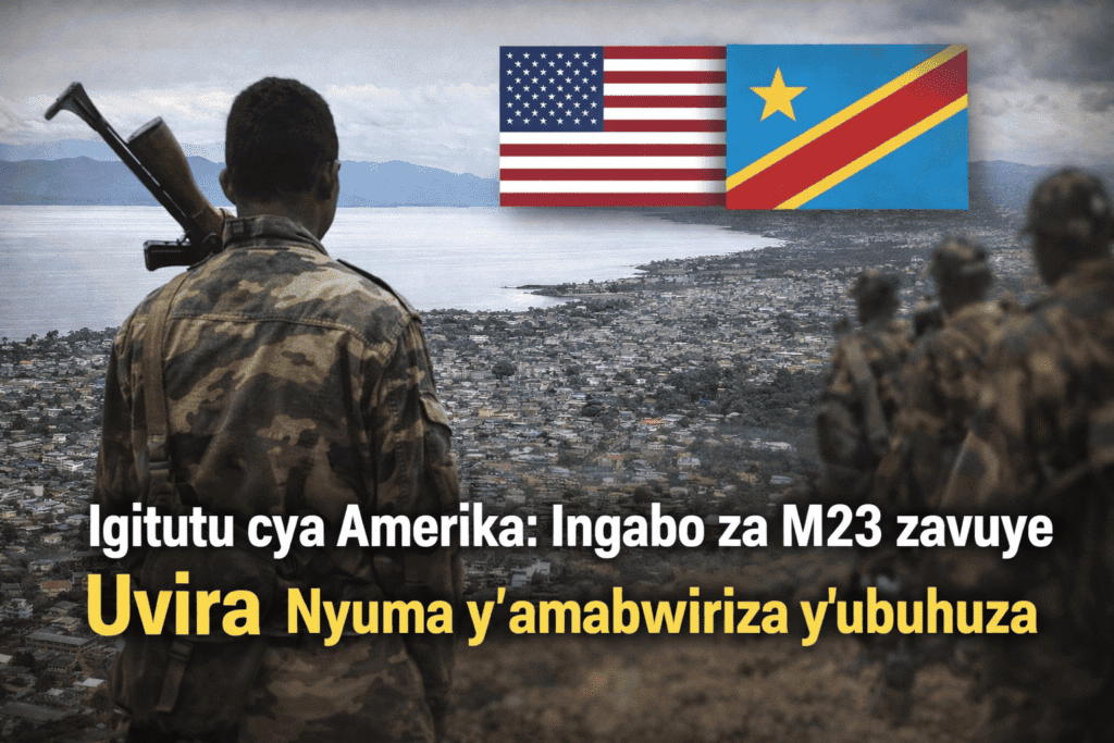 Caption: Rwandan soldiers prepare for deployment amid US and Congolese flags, focusing on peacekeeping efforts in the region. Alt: Rwandan soldiers overlooking a city with American and Congolese flags in the background.