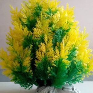 Artificial yellow and green potted plant for home decor.