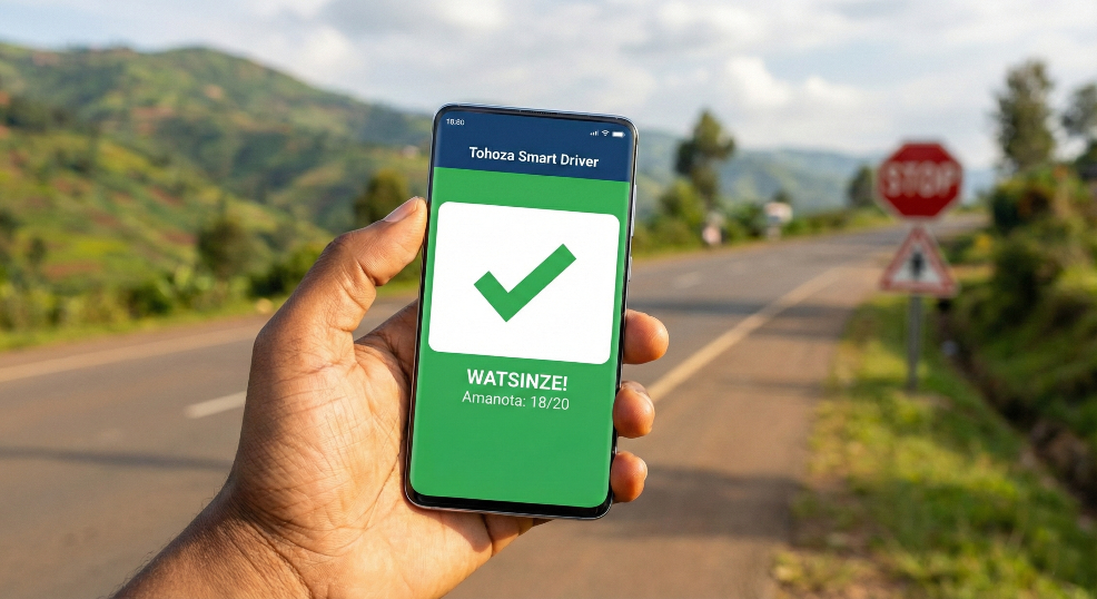 Person holding a smartphone with Rwanda's Smart Driver app on a rural road.