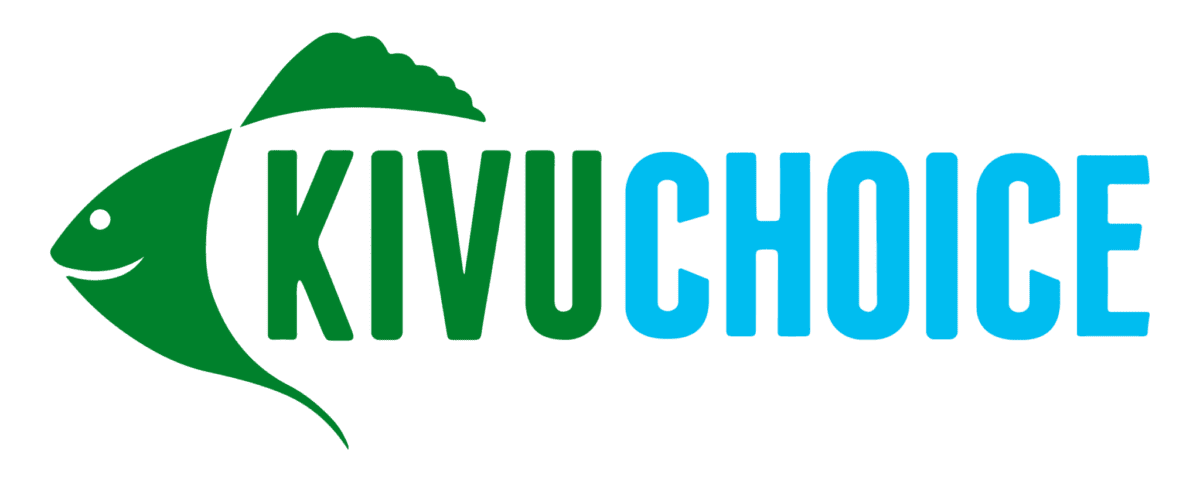 The Kivu Choice logo featuring a fish and leaf, symbolizing fresh local products from the Kivu region. Kivu Choice logo with fish and leaf symbols representing local products.