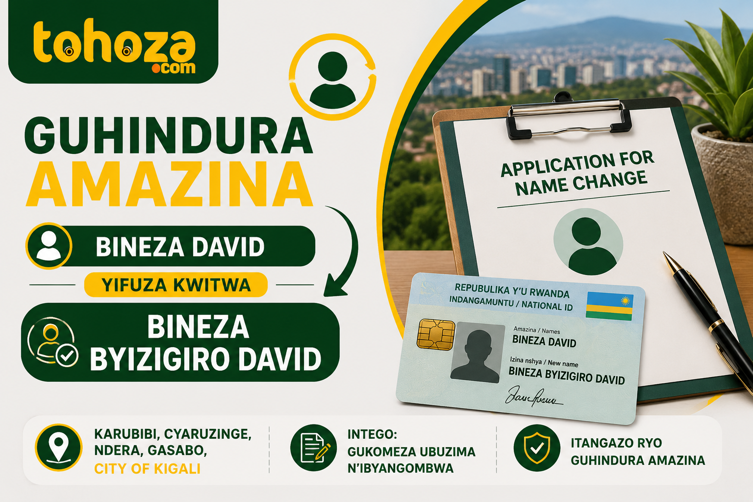 NAME CHANGE REQUEST : BINEZA David to be called BINEZA BYIZIGIRO David, Karubibi, Cyaruzinge, Ndera, Gasabo, City of Kigali