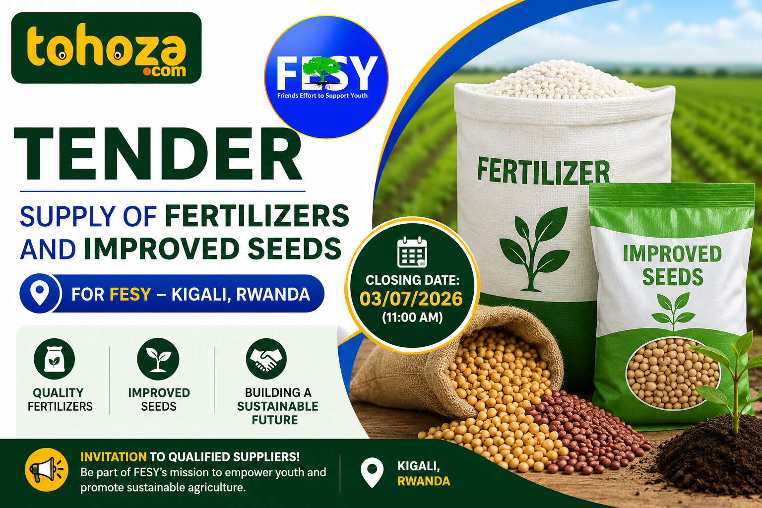 TENDER : Supply of Fertilizers and Improved Seeds for FESY, Kigali, Rwanda – CLOSE: 03/07/2026