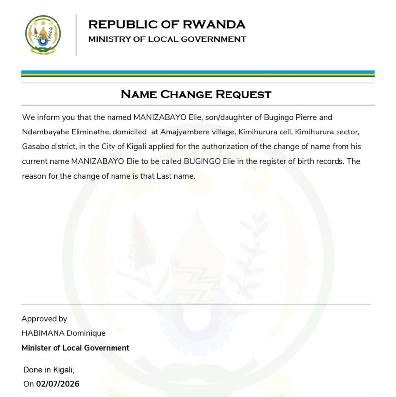 NAME CHANGE REQUEST : MANIZABAYO Elie want to be called BUGINGO Elie, Amajyambere, Kimihurura, Kimihurura, Gasabo, City of Kigali