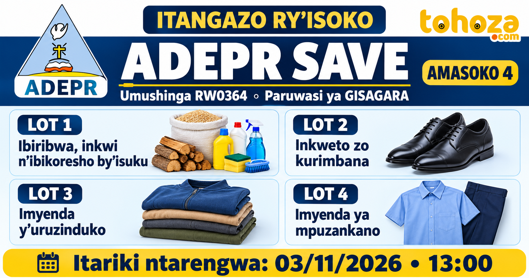 ADEPR SAVE: Amasoko (4) yo kugemura ibiribwa, inkwi, ibikoresho by’isuku, inkweto, imyenda n’impuzankano